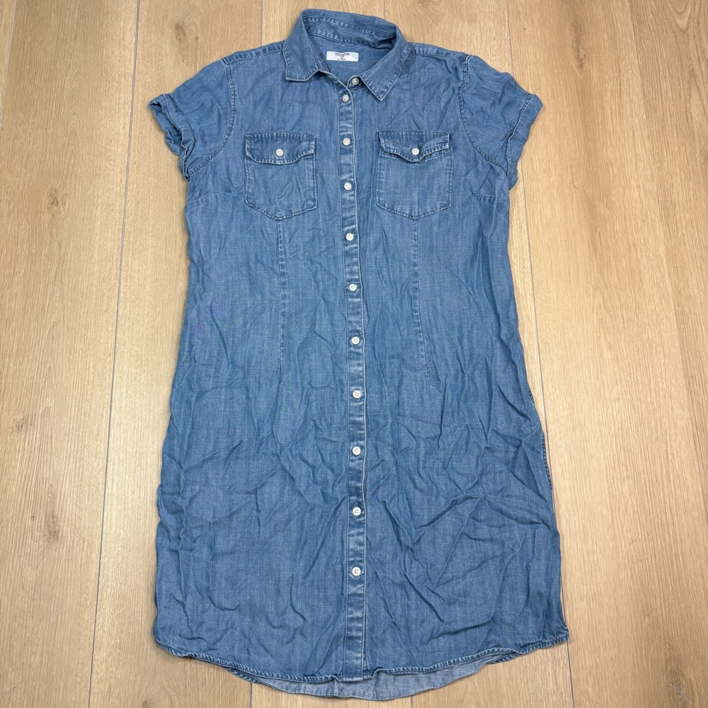 UNTUCKit Terry Chambray Shirt Dress Women 6 Blue Tencel Short Sleeve Mini Pocket